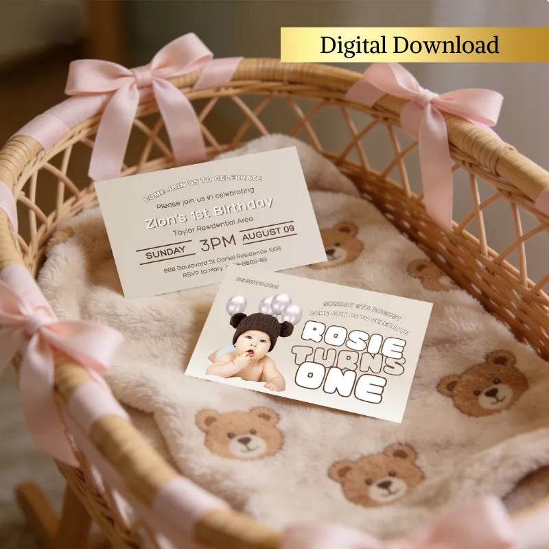 Cute first birthday invitation for baby Zion, includes address and contact for RSVP.