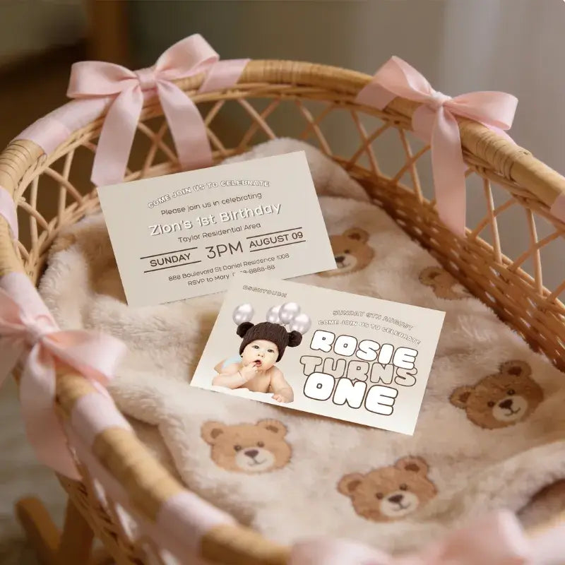 Custom printed 1st birthday card for Zion's birthday in a cozy basket with a cute bear blanket.
