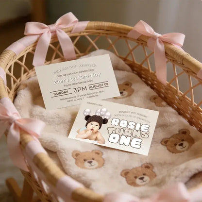 Custom printed 1st birthday card for Zion's birthday in a cozy basket with a cute bear blanket.